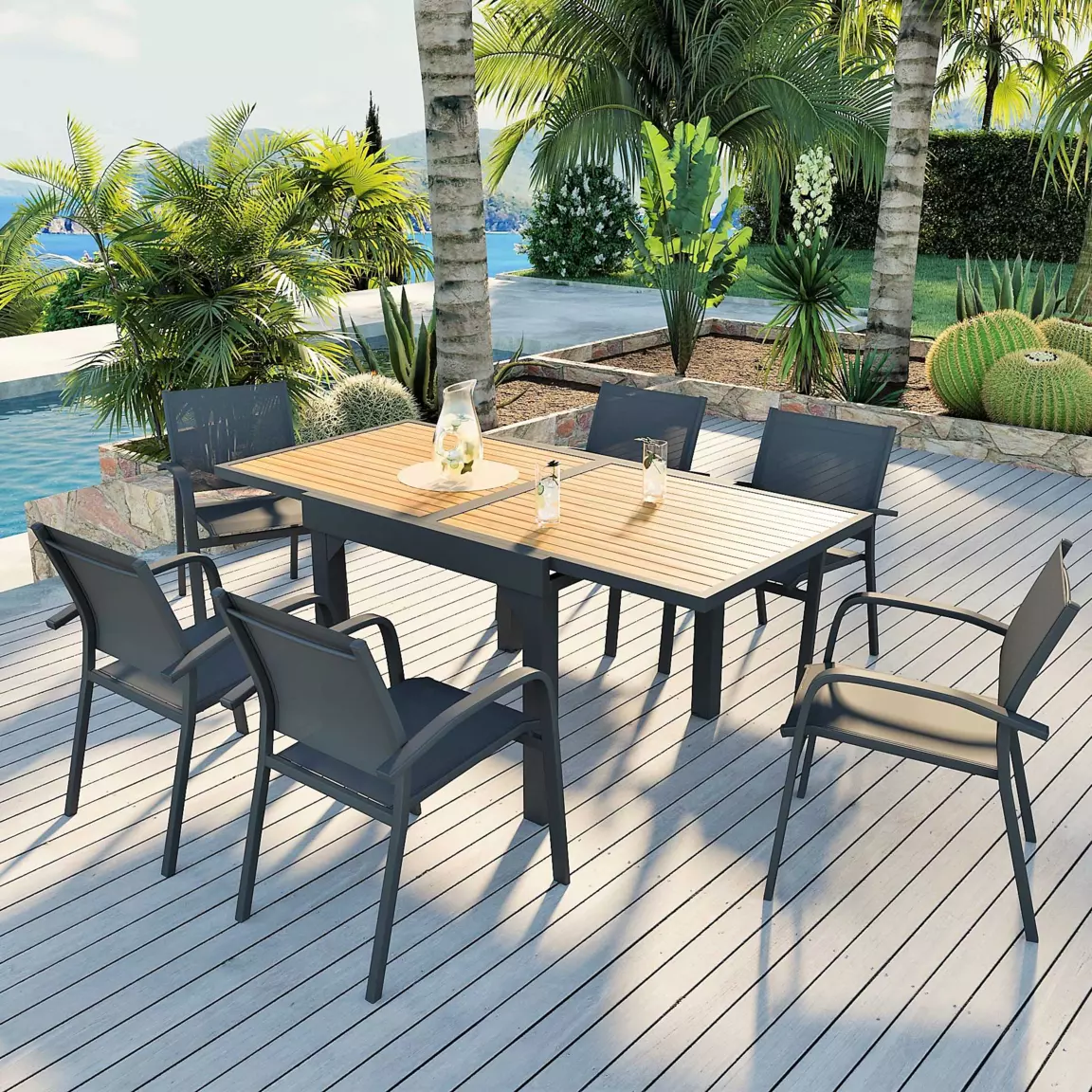 Table de jardin extensible en aluminium 8 places effet bois (90/180 x 90 cm) Murano Gris anthracite