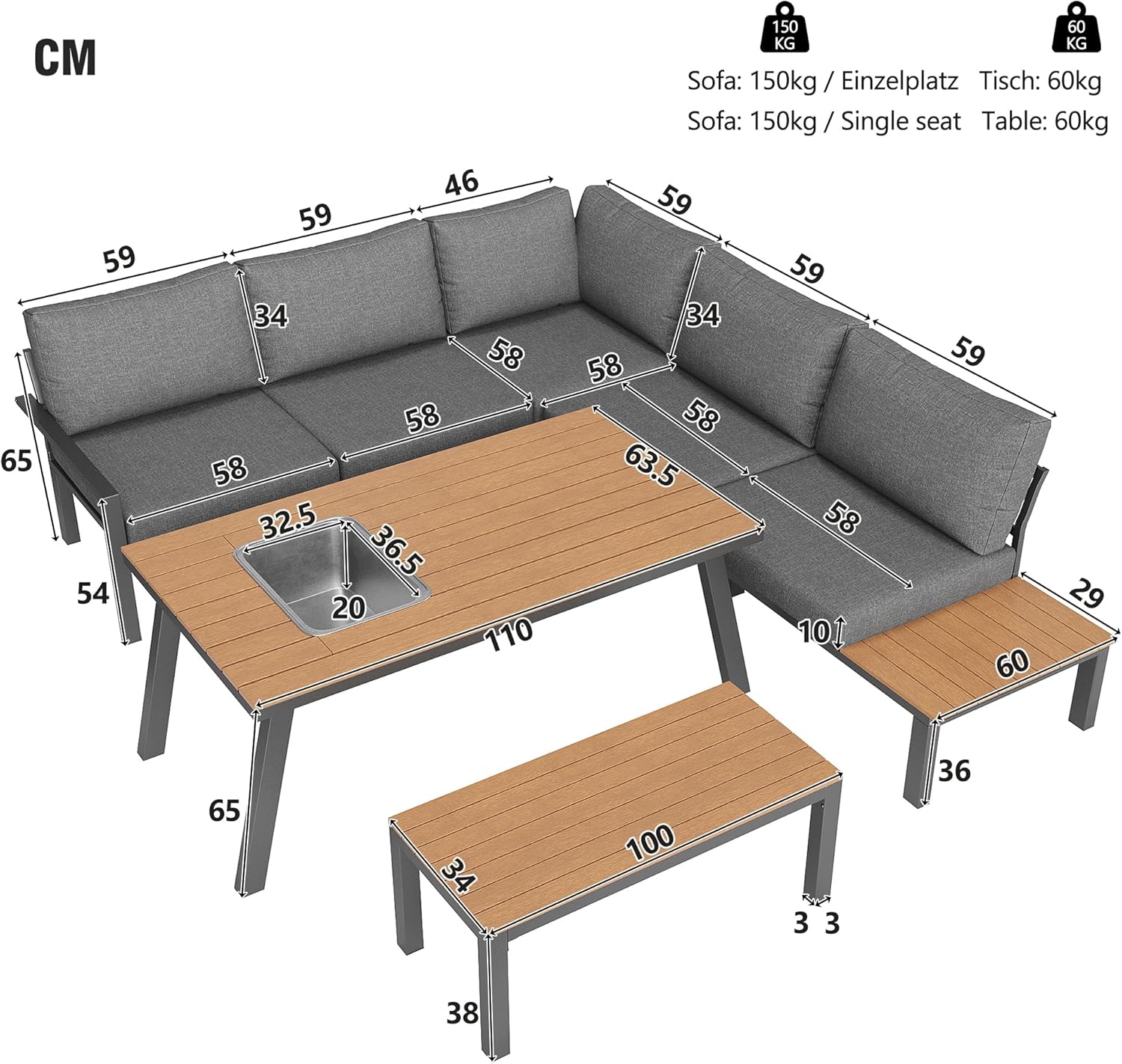 Merax Gartenmöbel Set 6-7 Personen, Lounge Sitzgruppe Outdoor mit Sofatisch & Bank, Ecksofa-Set aus verzinktem Eisen & Holz, für Garten Balkon Terrasse, inkl. Kissen, wetterfest Gartenlounge Set, Grau