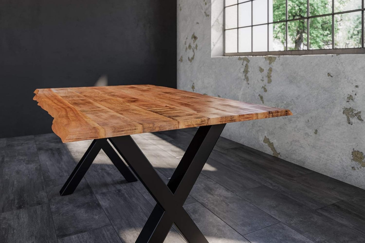 SAM Esstisch Dora 160 x 85 cm, Mangoholz massiv, lackiert & naturfarben, Baumkantentisch mit X-Metallgestell in Mattschwarz, echte Baumkante, 26 mm