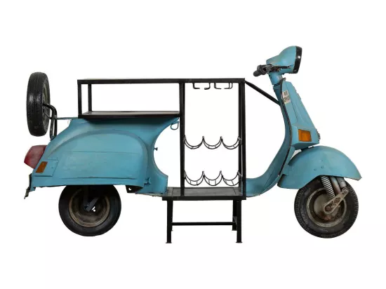 Bar à vin moto Vespa en bois et métal bleu 180x66x110h