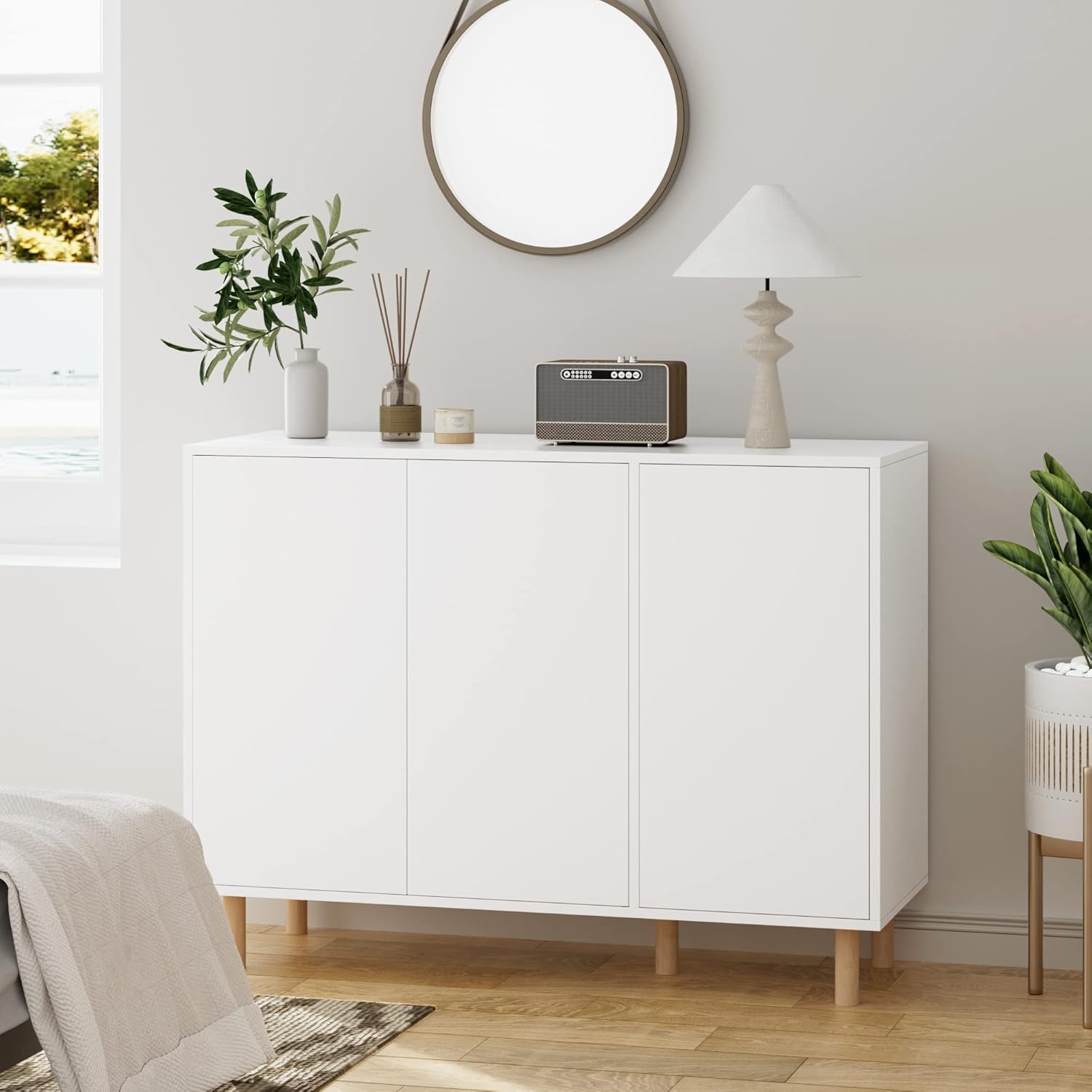 FirFurd Sideboard, Kommode weiß, Küchenschrank mit 3 Türen, griffloses Design, verstellbare Regale, 107x40x80cm(BxTxH)