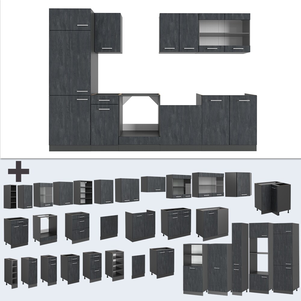Vicco Küchenzeile R-Line 300 cm Schwarz Beton Anthrazit mit Arbeitsplatte Eiche