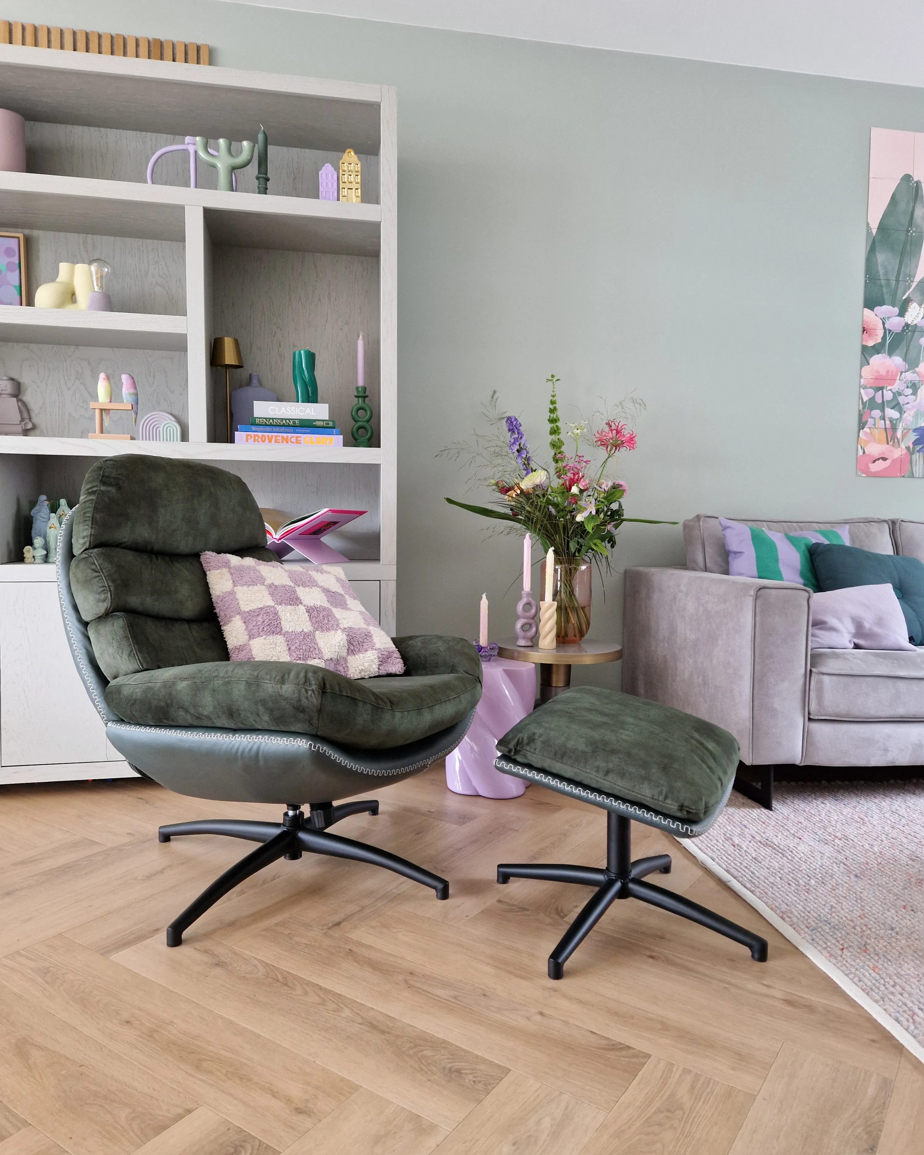Draaifauteuil EIDE met voetenbank Fluweel Donkergroen