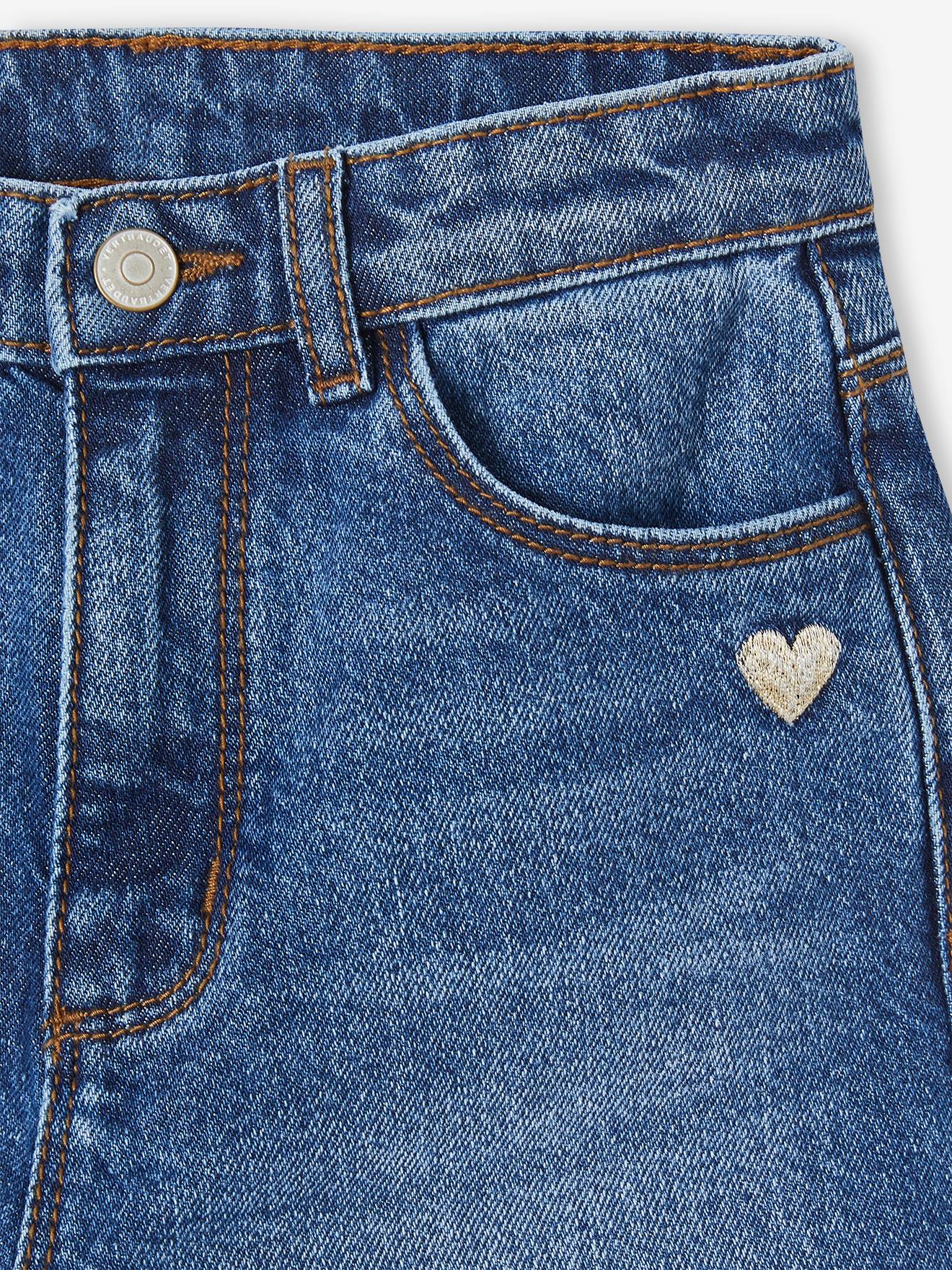 Calça jeans de perna larga com barra desfiada para meninas, jeans azul