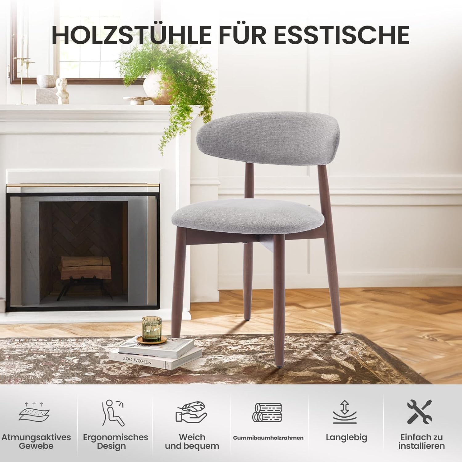 COLAMY Küchenstuhl Esszimmerstühle 4er Set, Moderne Polsterstuhl Essstühle mit Fester Rückenlehne, Stoff Esszimmerstühl mit Holzbein für Esszimmer, Küche, Restaurant, Hellgrau