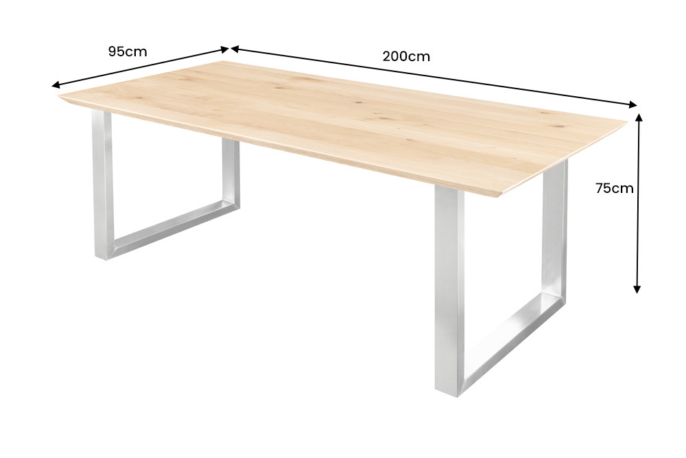 Massivholz Esstisch WILD OAK 200cm natur Wildeiche Schweizer Kante Edelstahl U-Gestell
