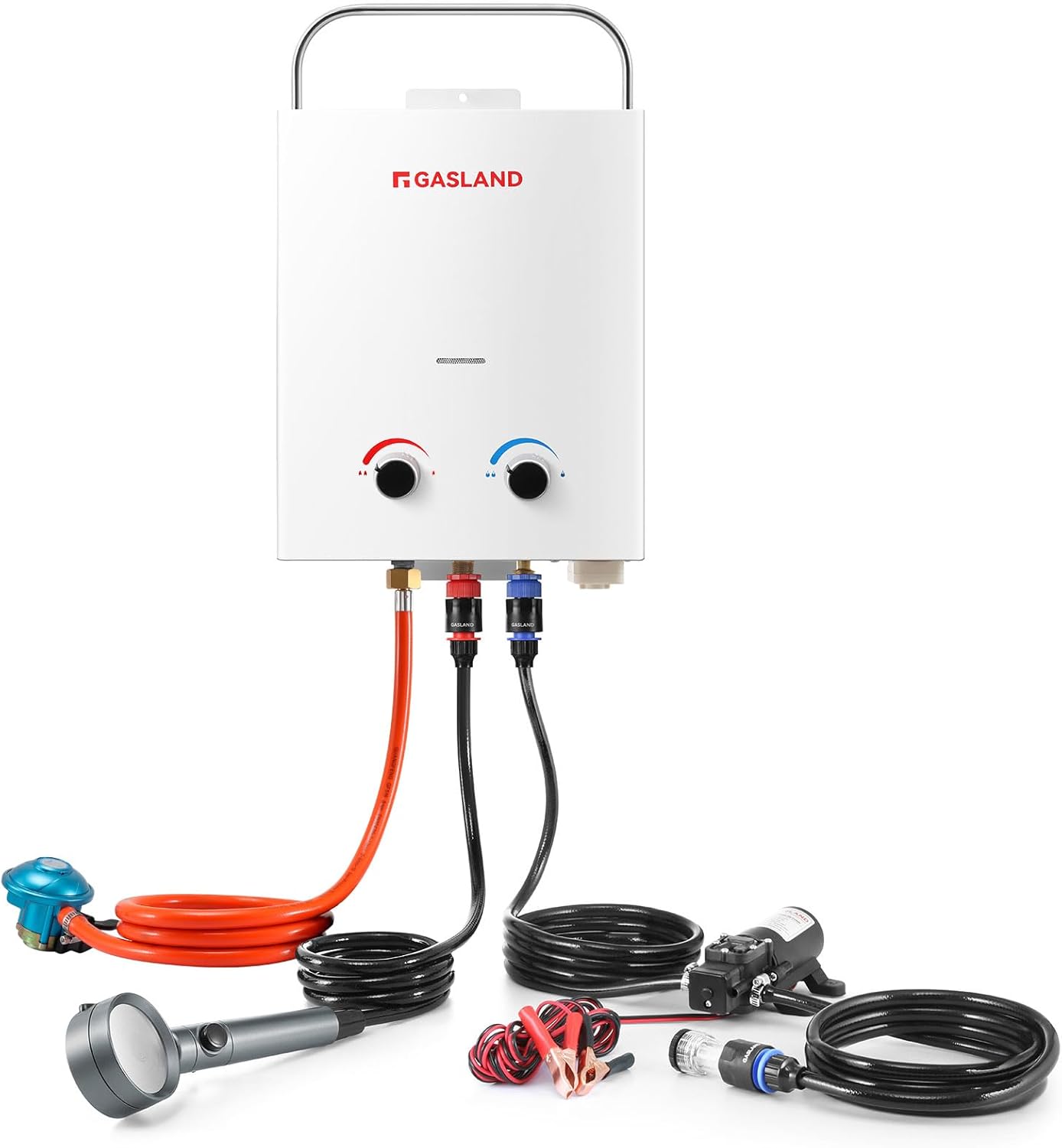 GASLAND AS132 Pro Tragbarer Gas-Durchlauferhitzer, 28-30mbar(Butan) oder 37mbar(Propan), 5L lpg Gas-Wassererhitzer mit Wasserpumpe und Rohrsieb für RV Camping Dusche Waschen Pferd