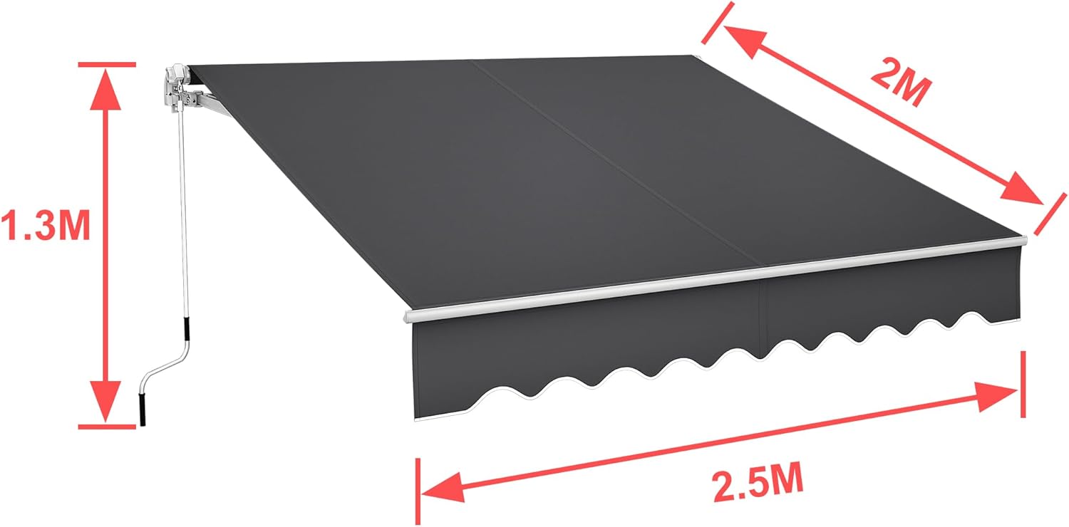 Aufun Manuelle Gelenkarmmarkise Markise Balkon aus Alu und Polyester, Einziehbar Sonnenschutz Markisenabdeckung mit Handkurbel, Wasserdicht Anti-UV für Balkon Terrasse Außen(250x200 cm, Dunkelgrau)