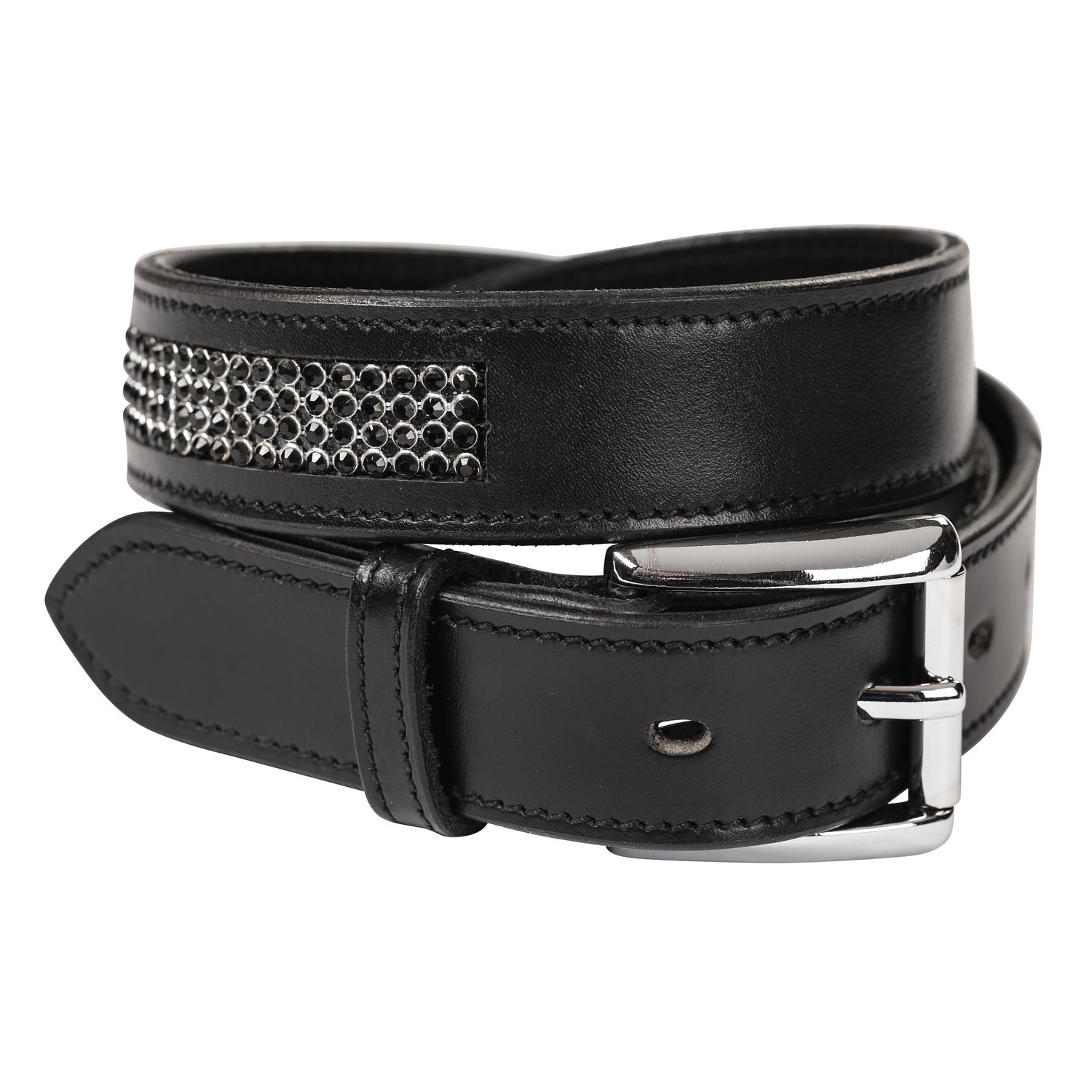 Ledergürtel mit 4-reihiger Strasskette - schwarz