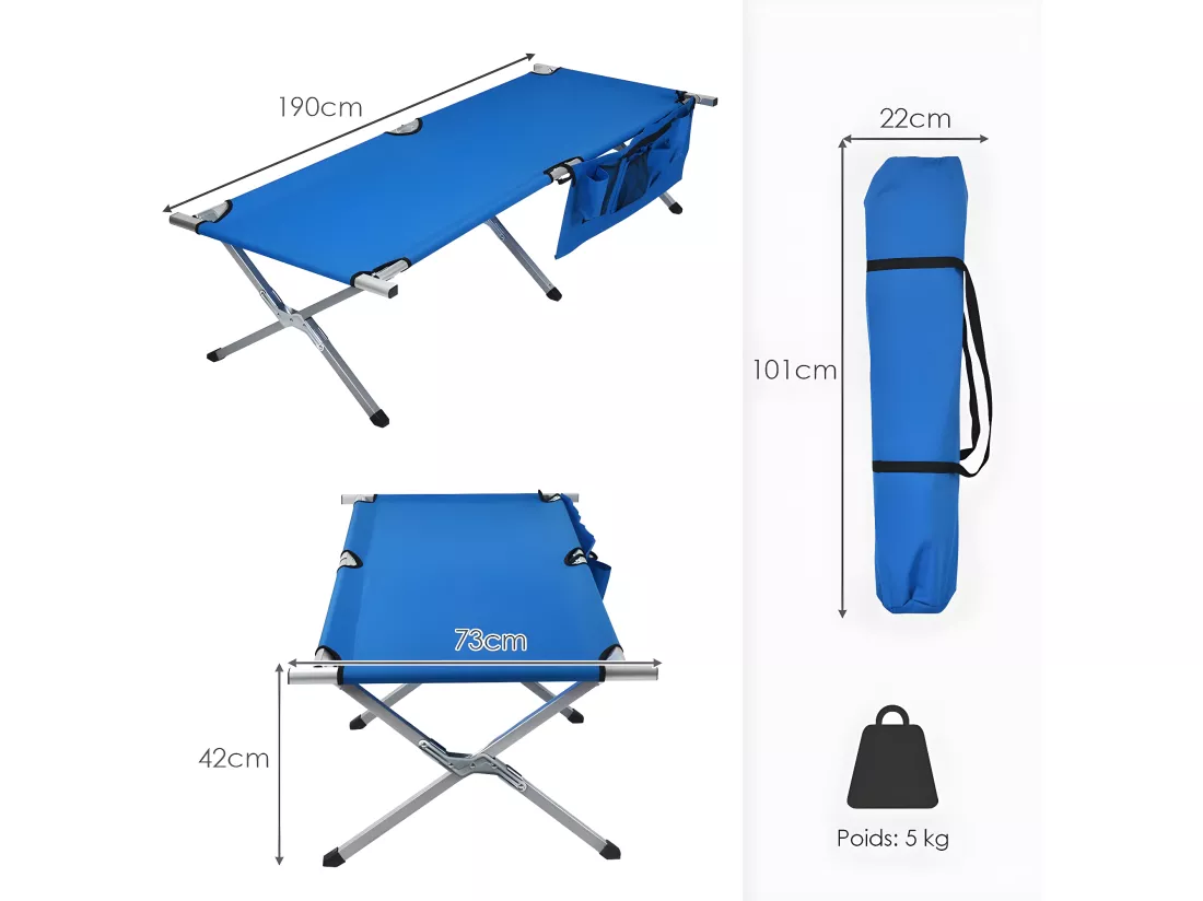 Lit de Camp Pliant 190x73x42CM avec Poches Latérales et Sac de Transport en Tissu et velours Oxford Charge Max 205KG pour Voyage Bleu