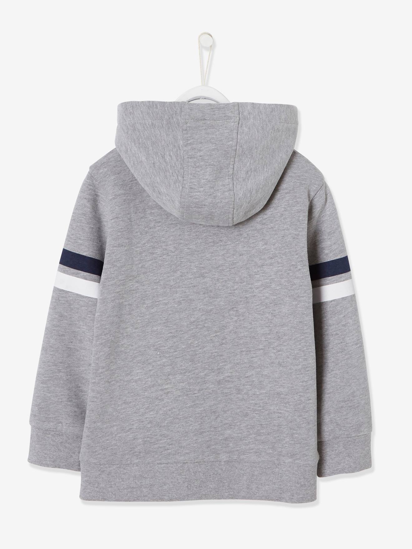 Moletom infantil com zíper na cor cinza claro liso com estampas.