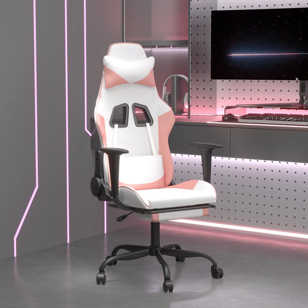 vidaXL Massage Gaming Stoel met Voetensteun, Wit en Roze, PU Leer