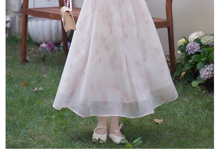 Fioridi - Hanfu-top met korte mouwen en bloemenprint, kikkerknoopjes en hoge taille, midi-A-lijn rok