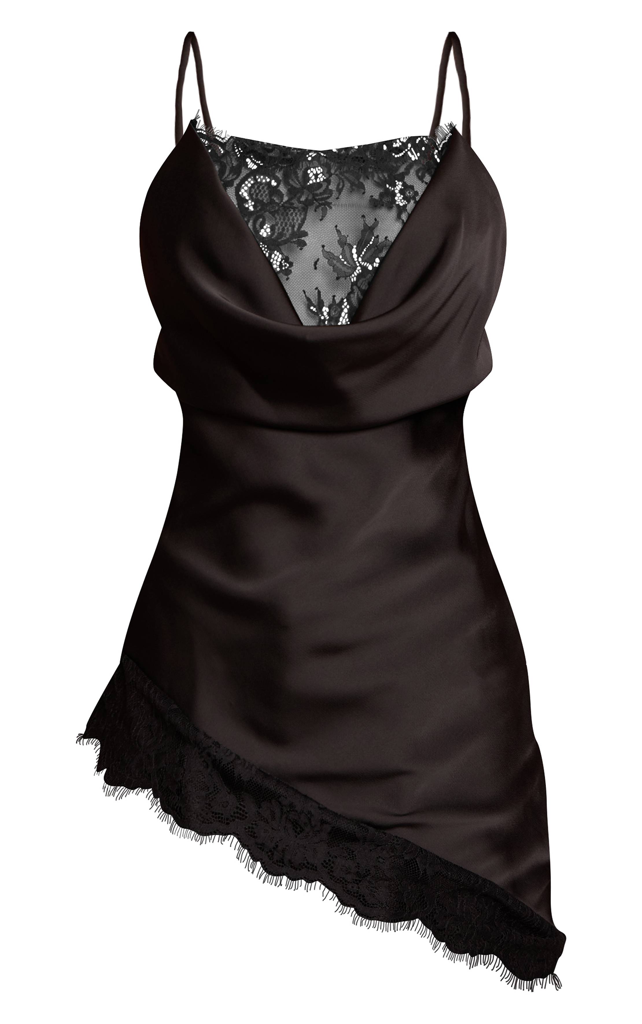 Noir Top Asymétrique En Satin À Col Bénitier Avec Bordure En Dentelle