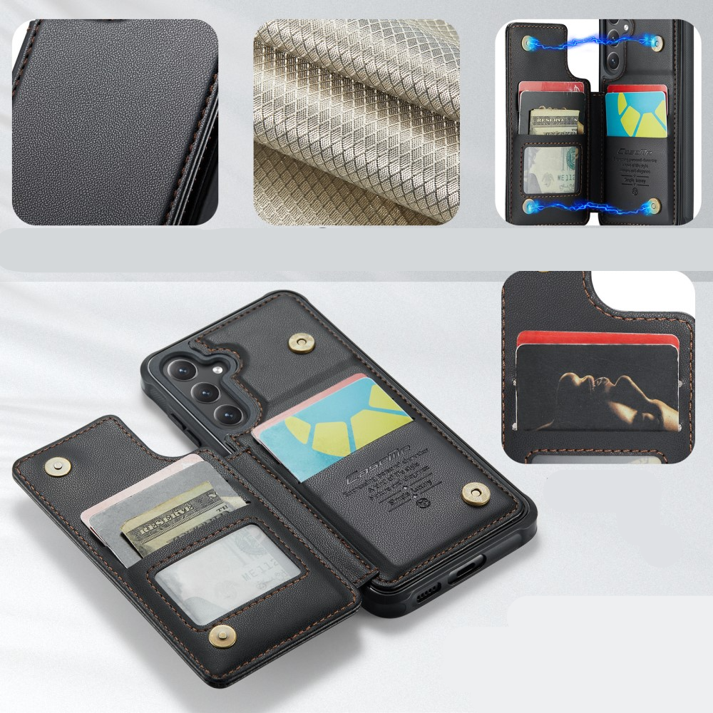 Samsung Galaxy S23 FE Leder Hülle mit Kartenfächern im Litchi Look   Kickstand (RFID Schutz) - Schwarz