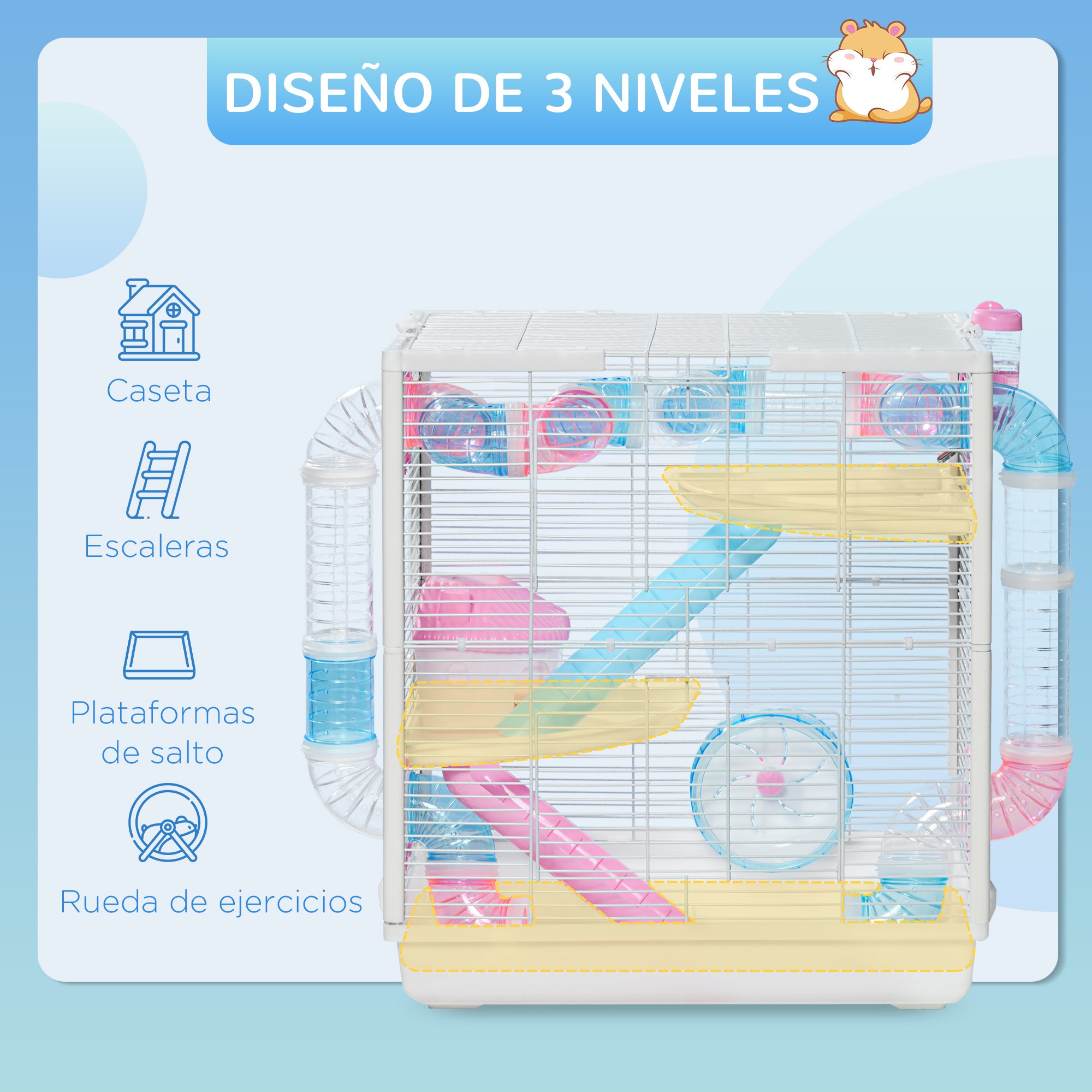 Gaiola PawHut para Hamster com Túneis, 47x29,5x53 cm, com 2 Portas, Bandeja, Comedouro, Cabana, 2 Rampas e Roda de Exercícios, Branca