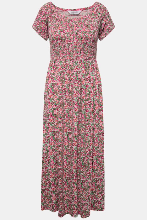 Jersey-Maxikleid, Alloverdruck, gesmokte Büste, Halbarm