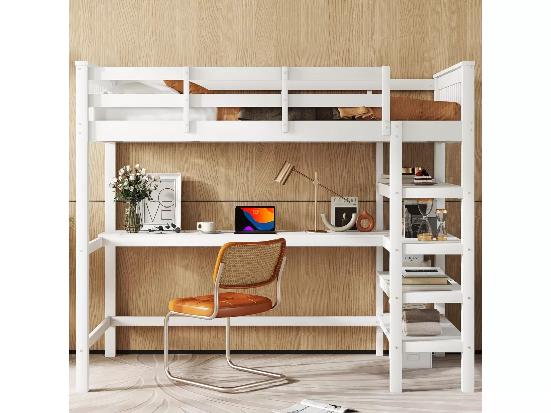Lit mezzanine 90x200cm en bois - avec bureau et étagère de rangement - Blanc