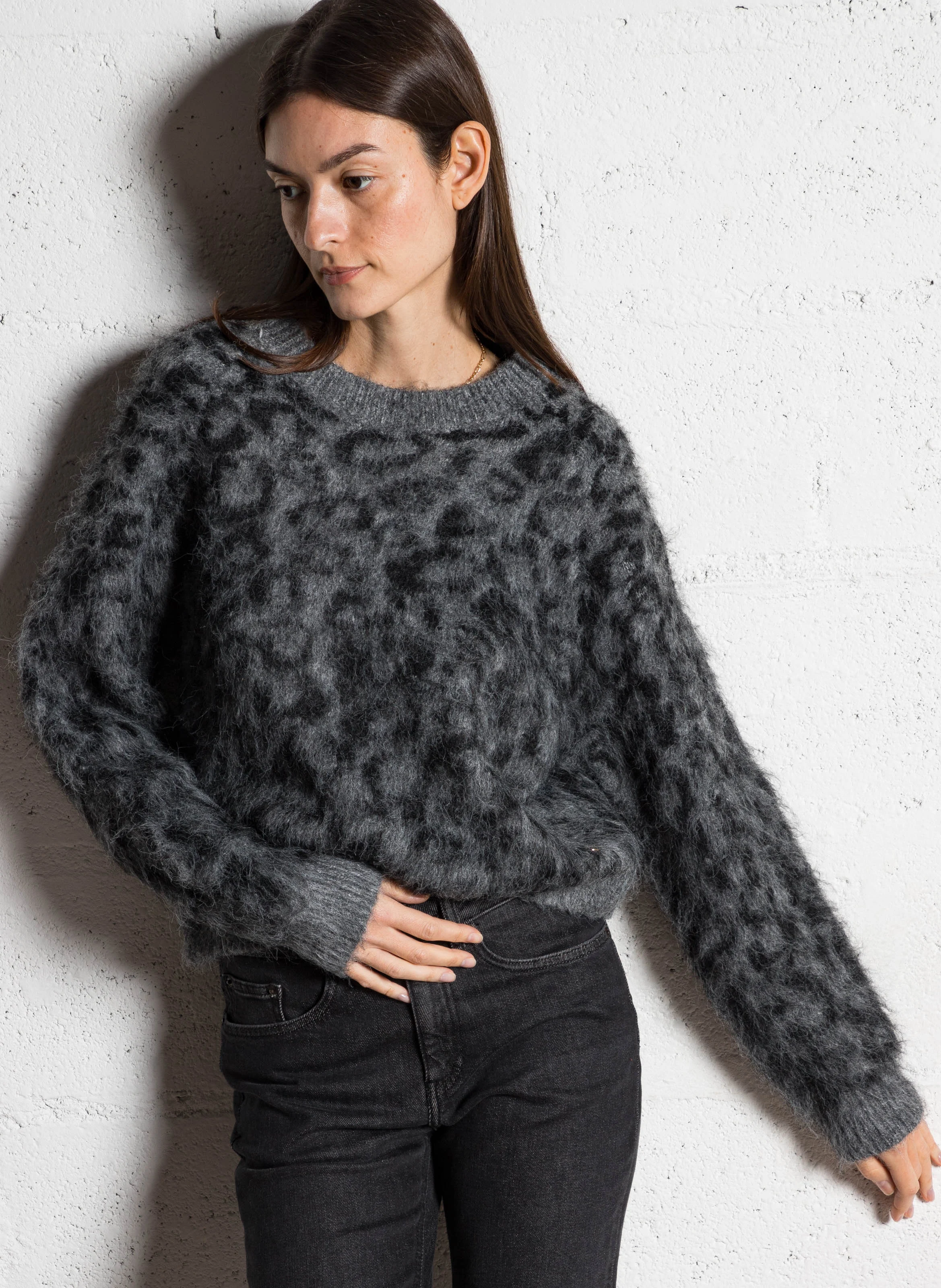 MAY - Pull droit imprimé léopard | Gris