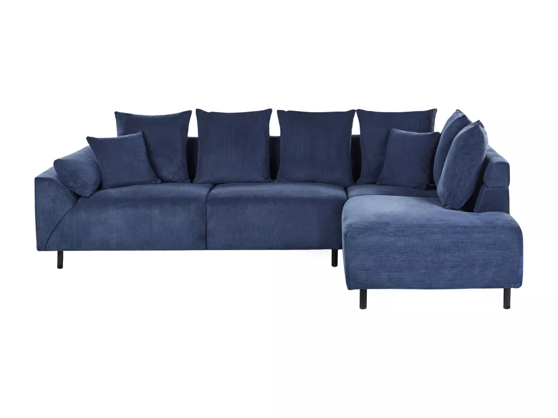 Canapé d'Angle à droite Moderne en Velours Côtelé Coussins en Tissu Pieds en Métal Bleu Lunner