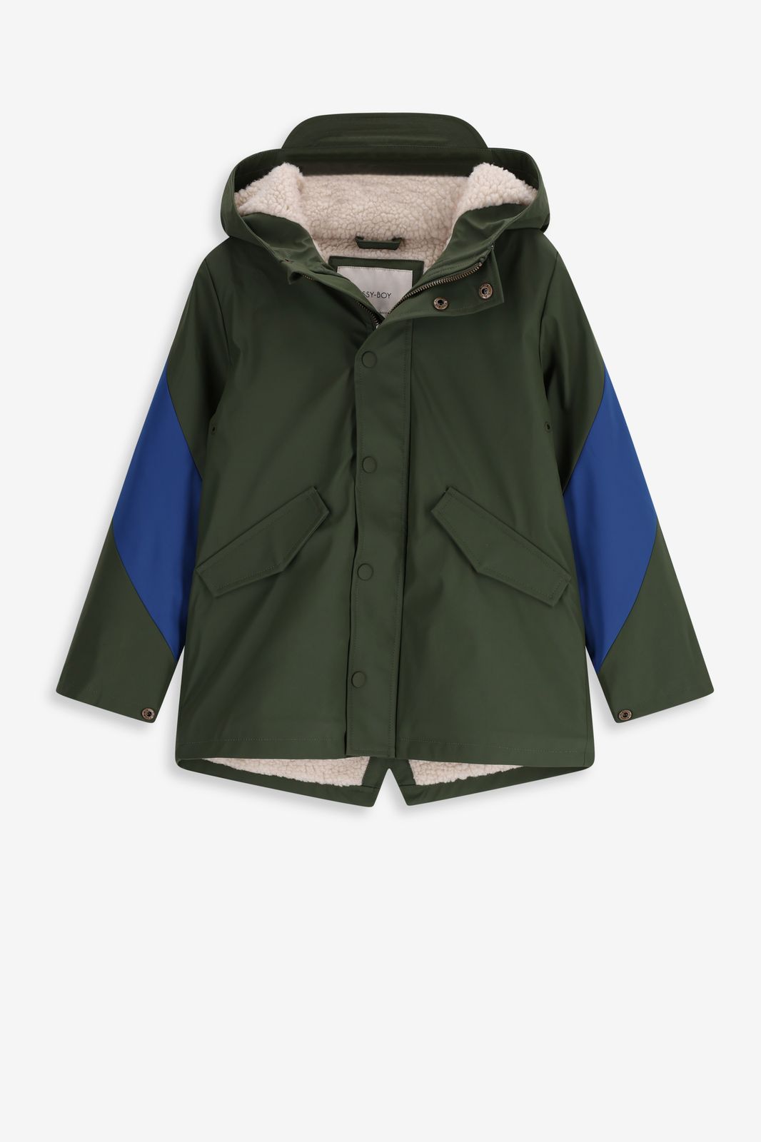 Donkergroene lange regenjas met colourblock