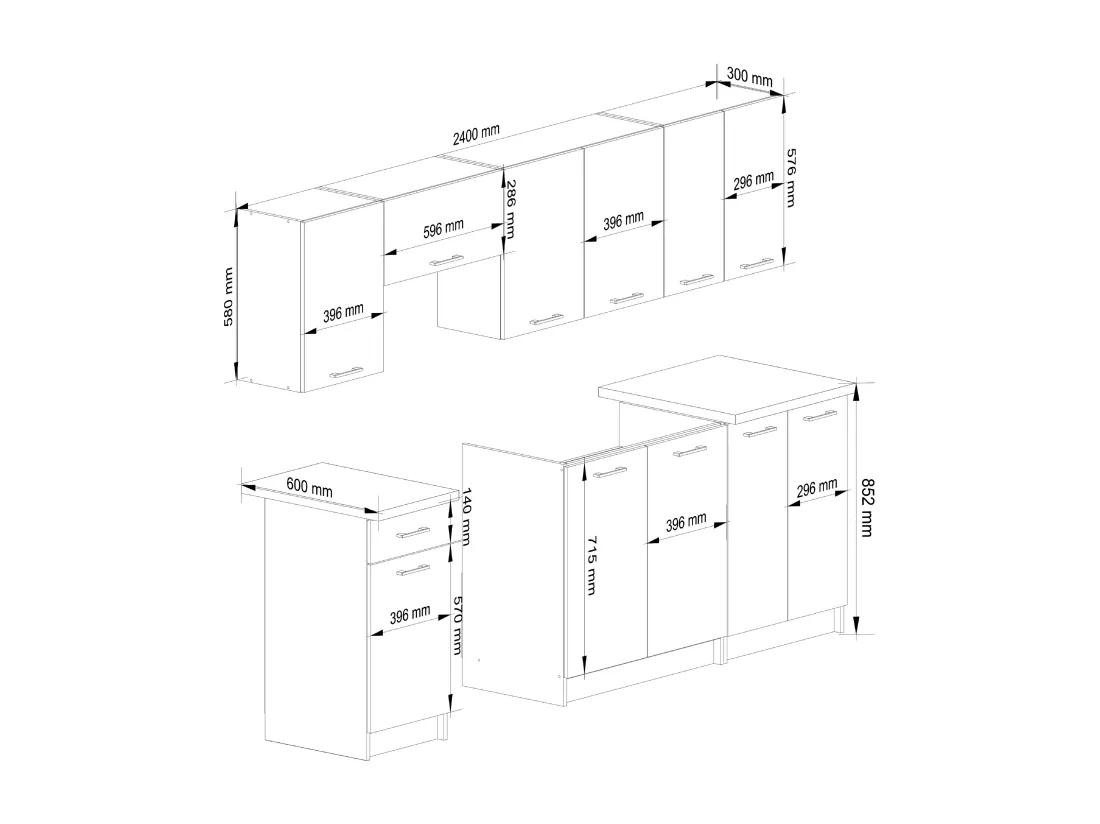 Ensemble De Cuisine AKORD OLIWIA 2.4m Blanc 240 cm 11 portes 1 tiroir façade Blanche 240x46x203 cm