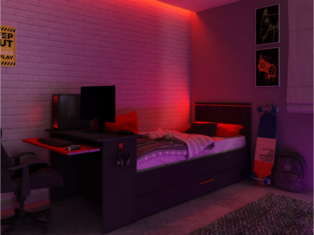Lit gigogne gamer 90 x 200 et 90 x 190 cm - Avec bureau - LEDs - Anthracite et rouge + Matelas + Sommier - VOUANI