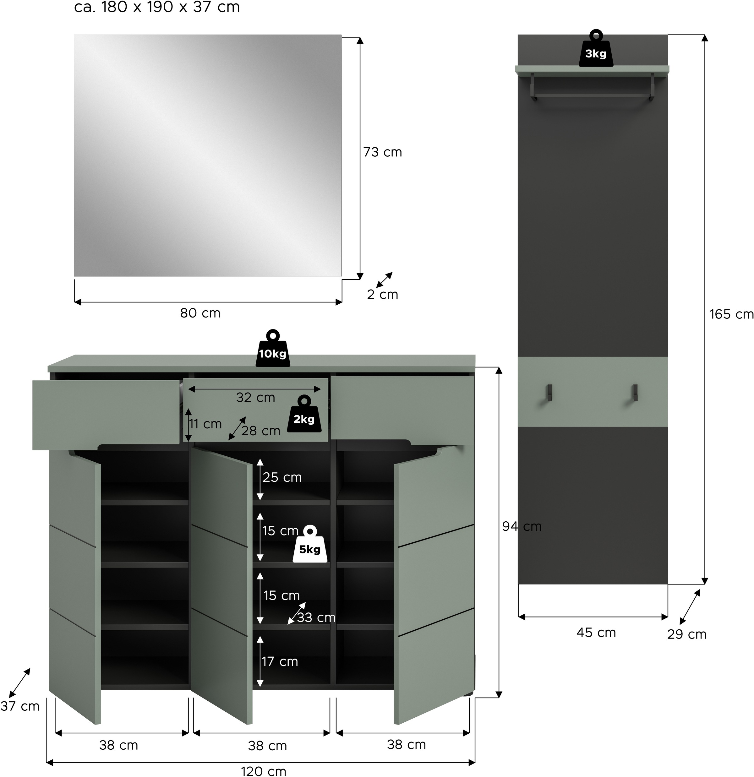 INOSIGN Garderoben-Set »REHAT, TOPSELLER!, 3-teilig, Breite 180 cm, individuell erweiterbar« Set, bestehend aus: Kommode, Spiegel und Garderobenpaneel, 3 Stk. tlg.
