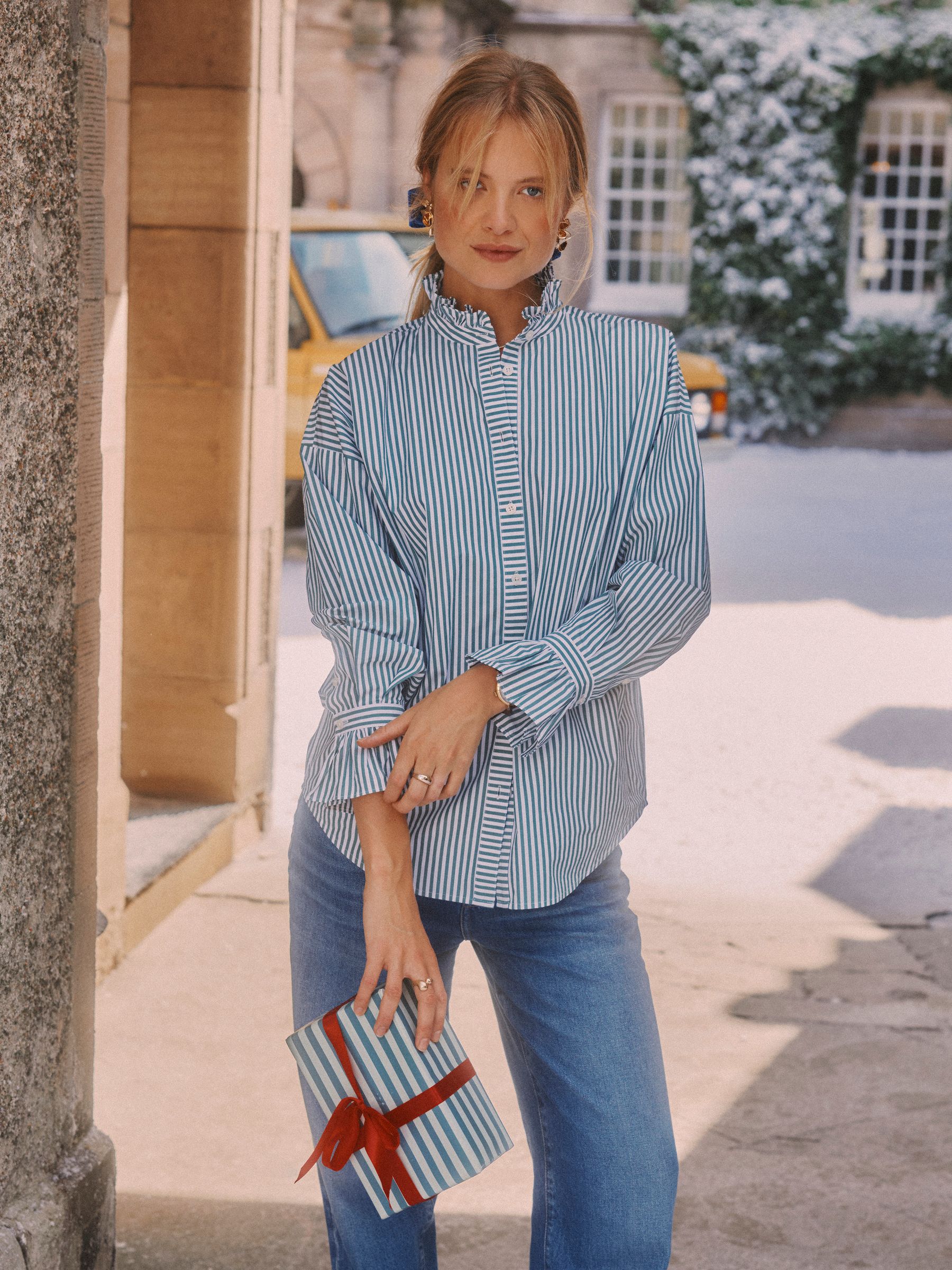 Groen, wit - Joules Mae Oversized Frill Neck Stripe Shirt