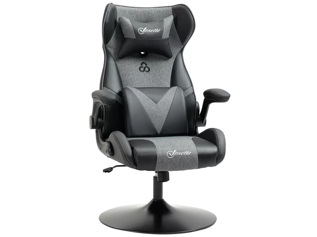 Fauteuil gaming base ronde métal pivotante 360° hauteur réglable tétière coussin lombaires accoudoirs relevables PU tissu gris noir
