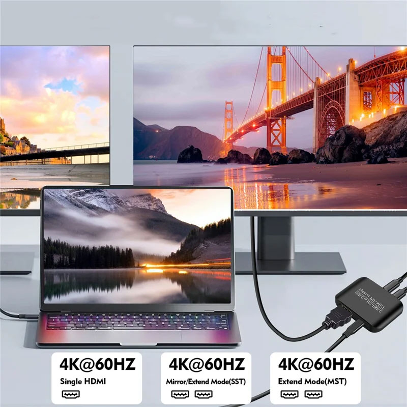 3-fach HDMI 4K Splitter Umschaltbox 2 x Input / 2 x Output Adapter mit HDR / MST / SST   PD Ladefunktion - Schwarz