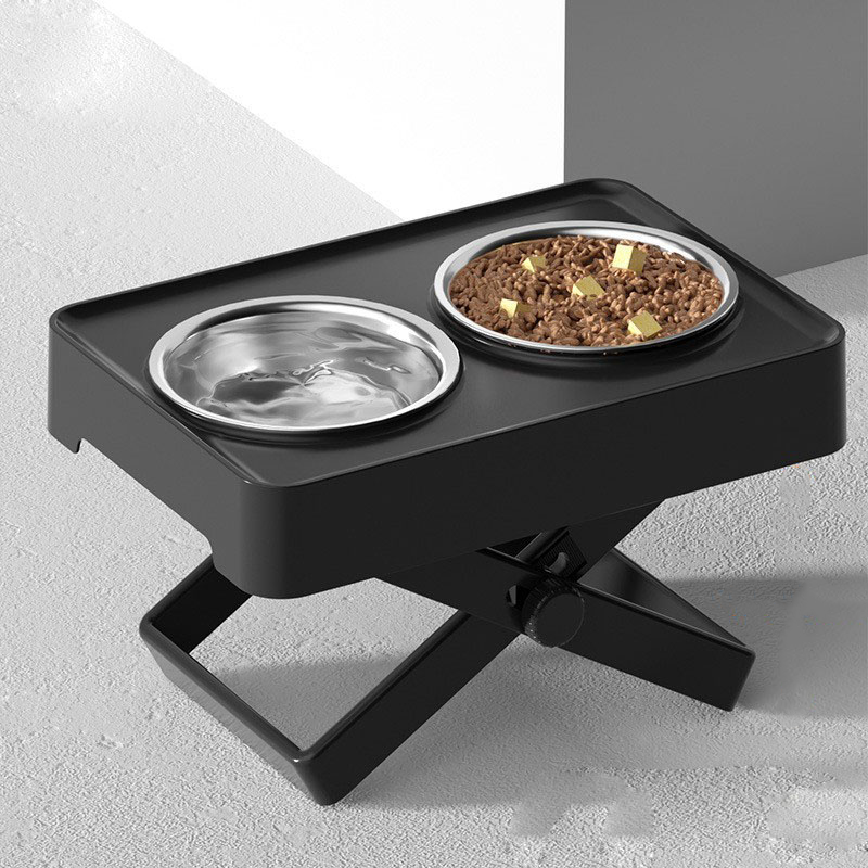 (430x295mm) Höhenverstellbare Haustier Futterstation Hunde Fress Napf   Wasser Schale - Schwarz / Silber