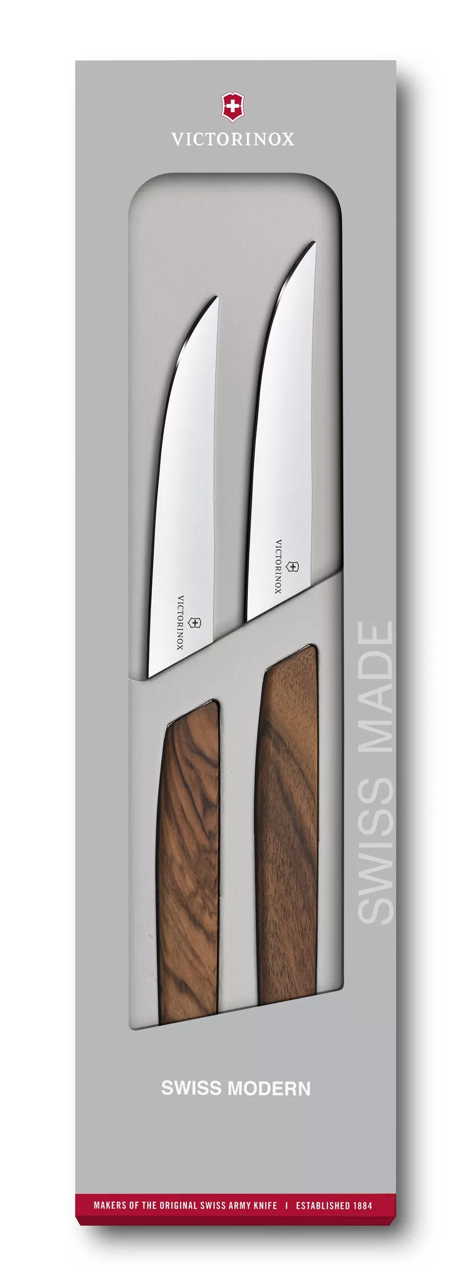 Swiss Modern Steakmesser-Set, gerader Schliff-Nussbaumholz