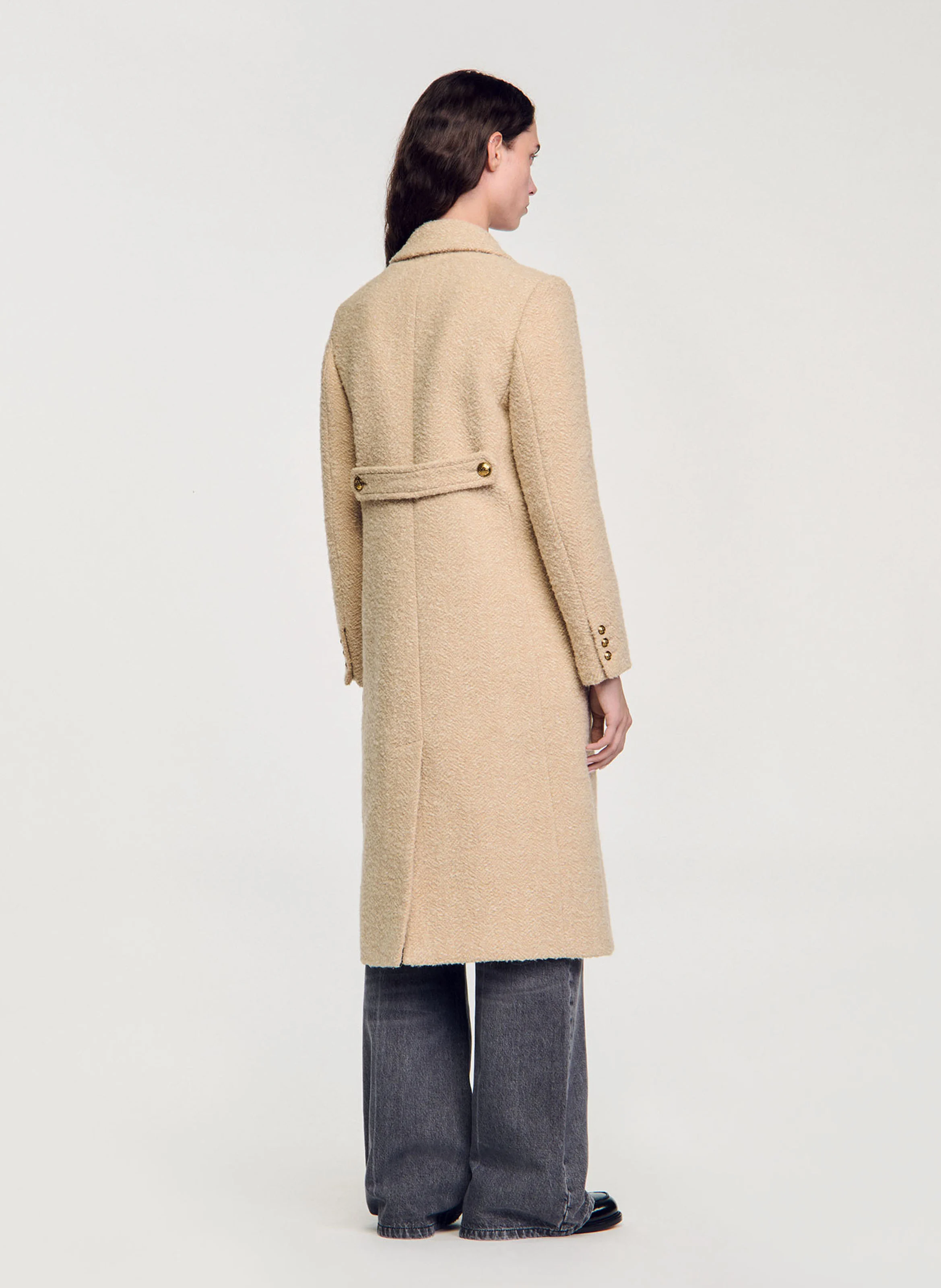 Manteau col tailleur droit en coton et laine mélangé | Beige