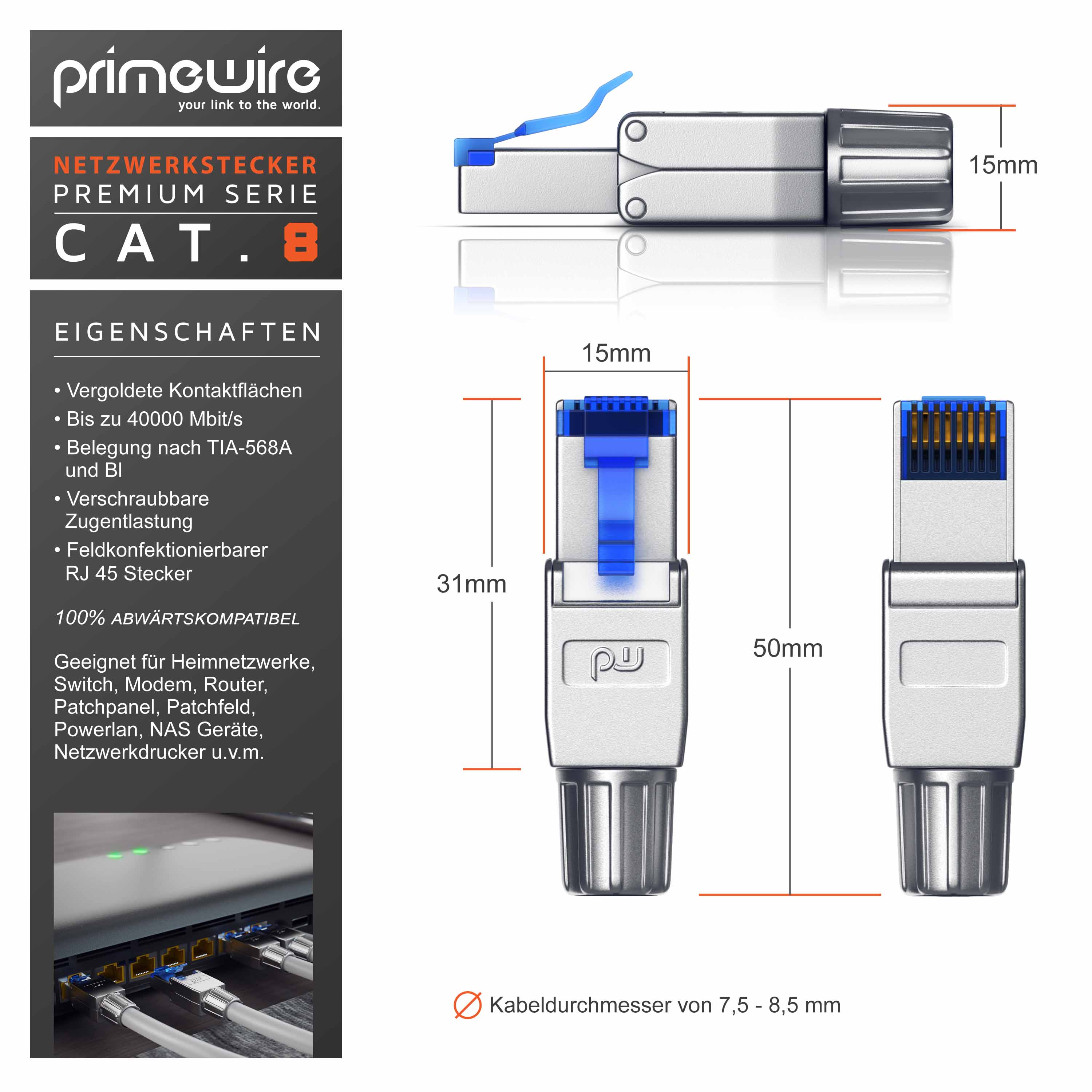 Primewire 10x Netzwerk-Adapter RJ-45 (Ethernet) zu Netzwerkkabel, Netzwerkstecker RJ45 CAT 8 - Gigabit Ethernet LAN Kabel - 40 Gbit/s, silber