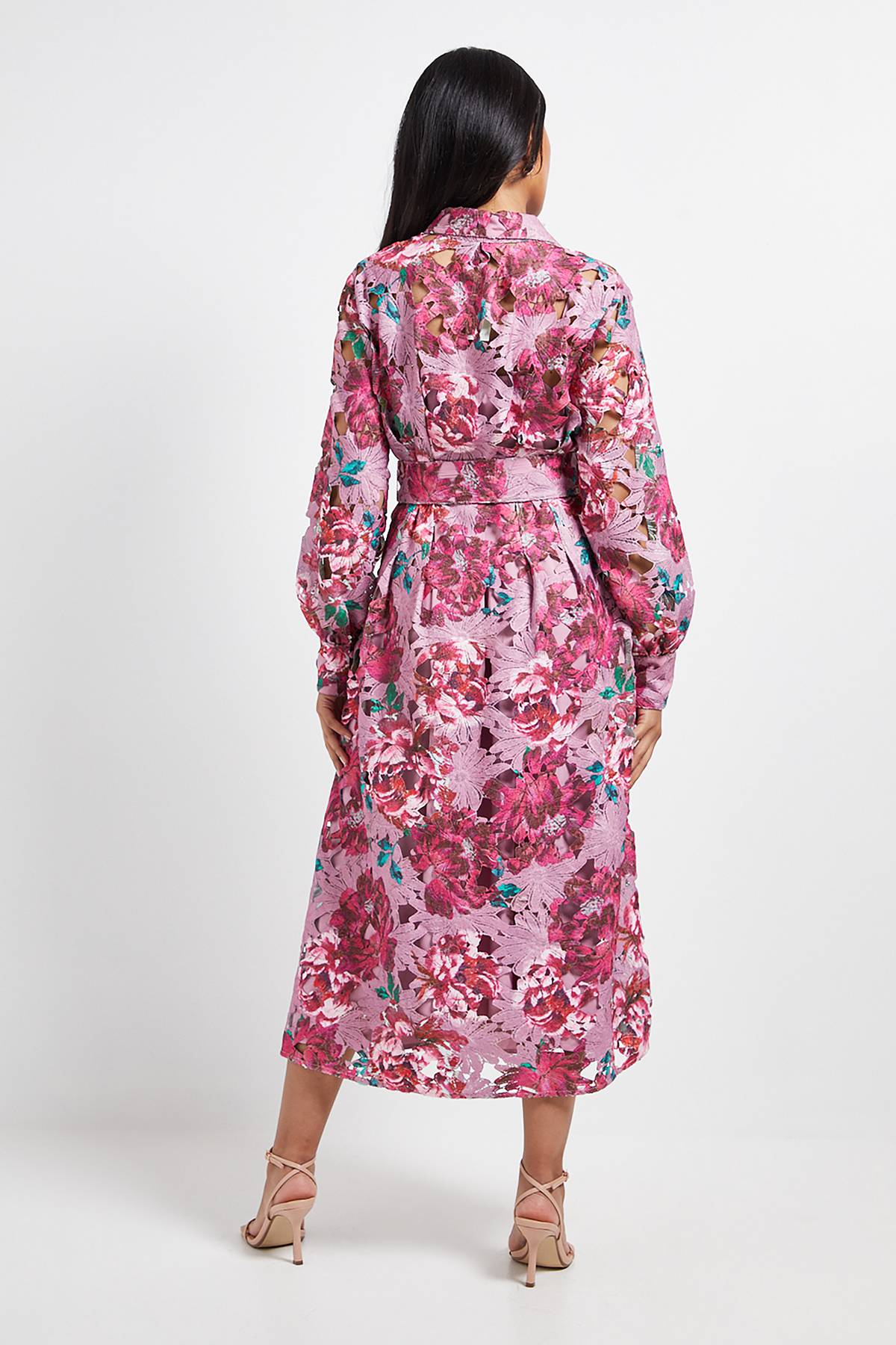 Wallis Robe Mi-Longue Ceinturée à Imprimé Dentelle Florale Petite Taille