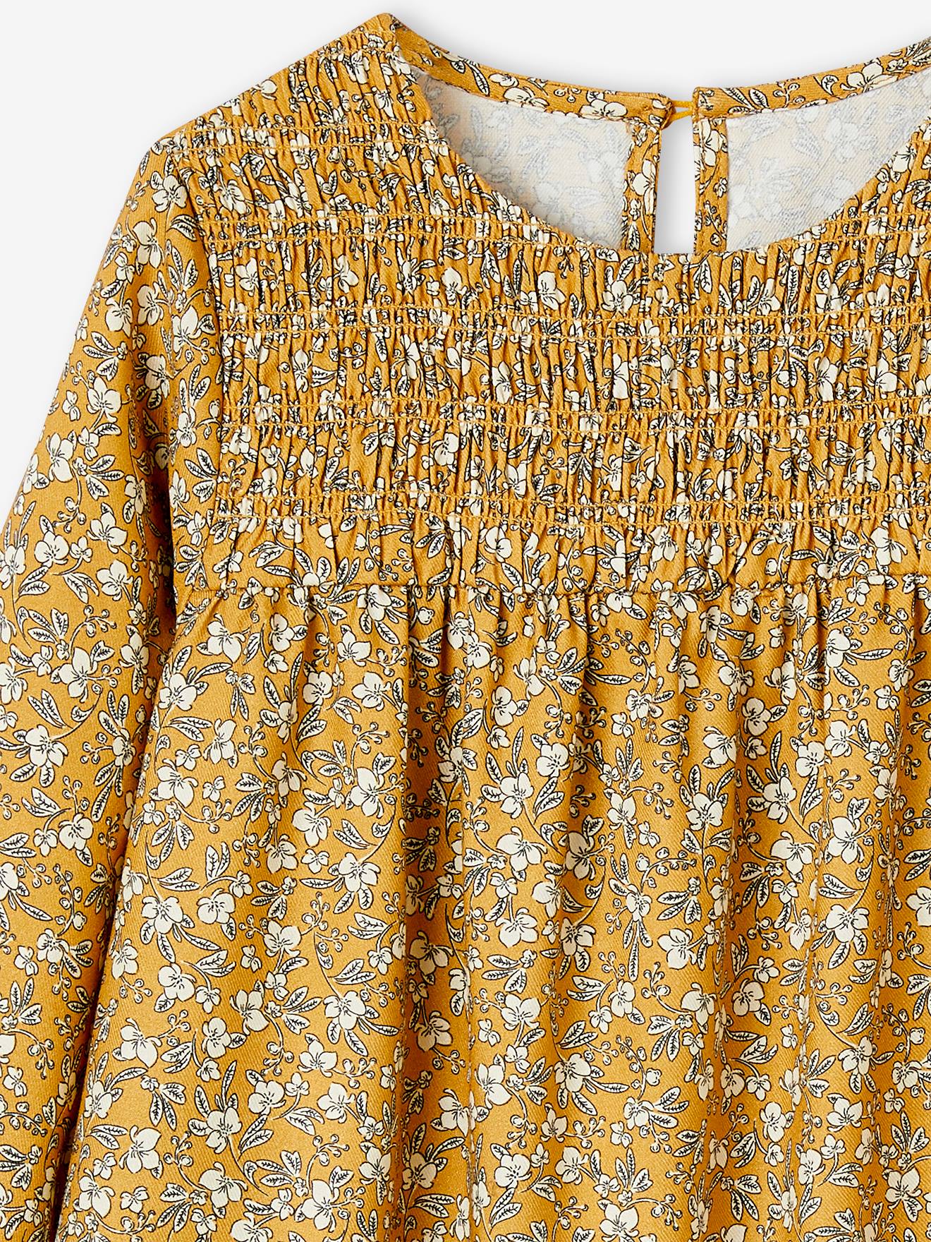 Vestido azul-marinho de mangas compridas com detalhes franzidos e motivos florais para meninas.