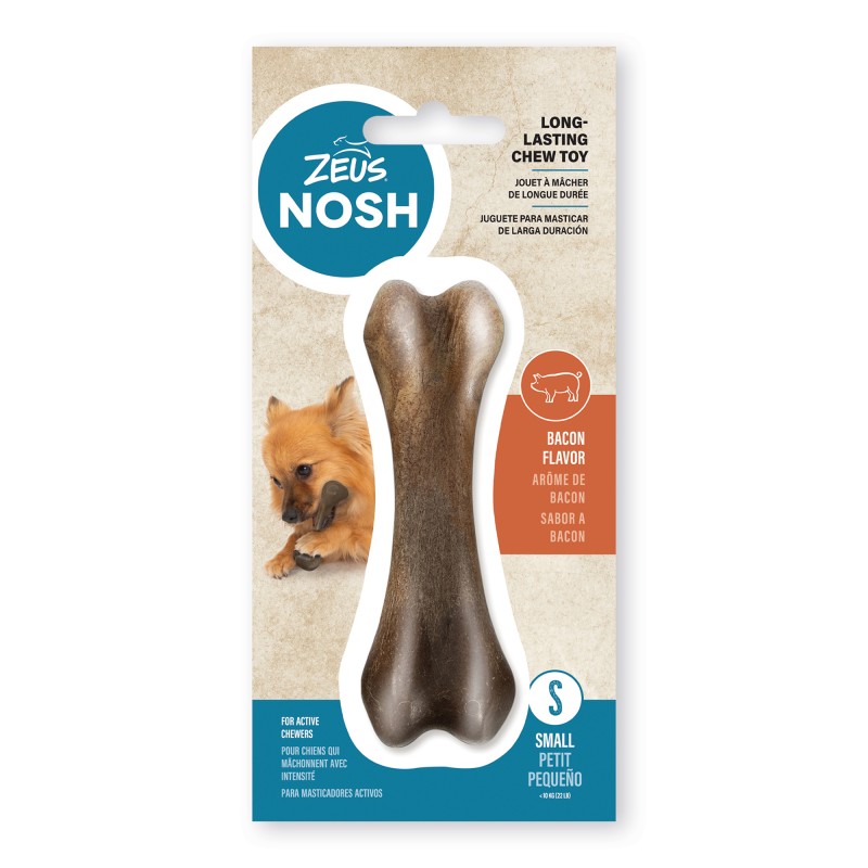 Brinquedo para mastigar Zeus Nosh Strong para cães, em formato de osso com sabor de bacon, 15 cm