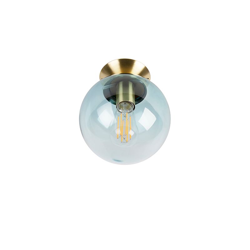 Art Deco plafondlamp messing met blauw glas - Pallon