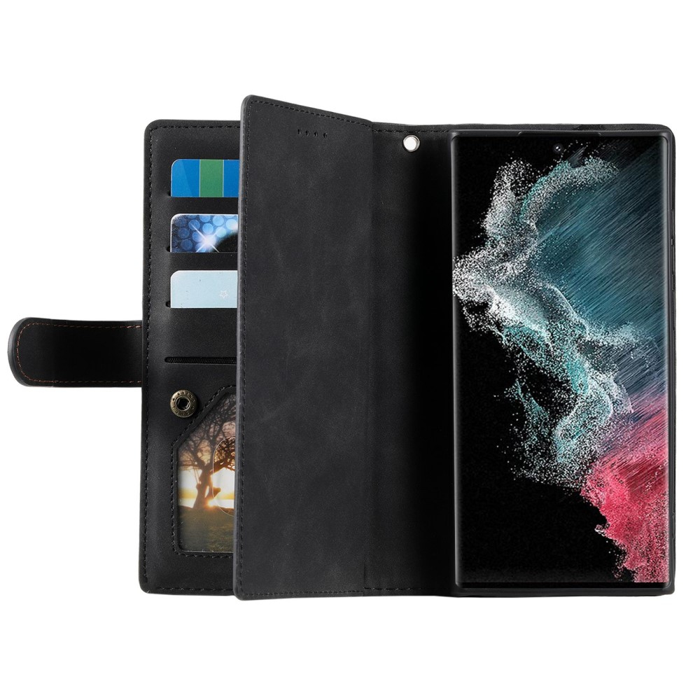 Samsung Galaxy S23 Ultra 5G Leder Tasche Flip Cover mit Reissverschluss - Schwarz