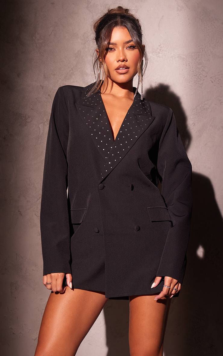 Noir Robe Blazer Oversize Avec Détails Diamantés