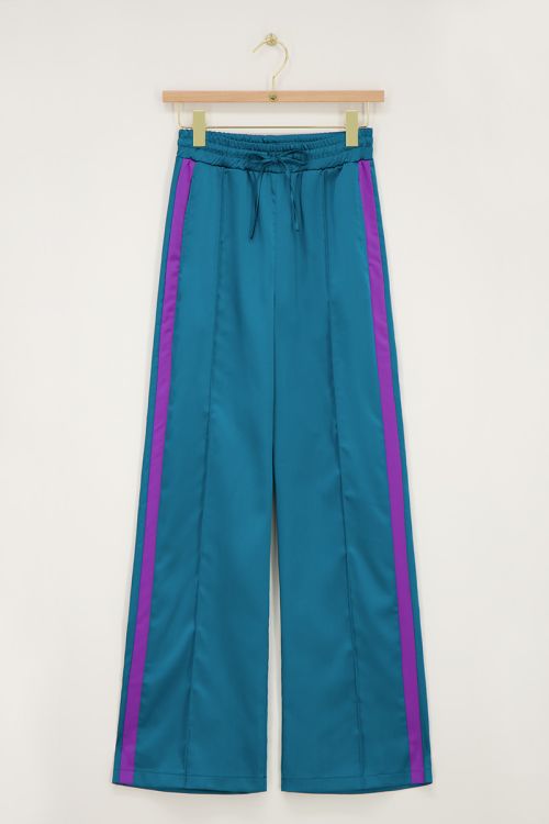 Petrol satijnen wide leg broek met paarse tape