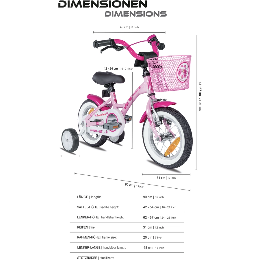 PROMETHEUS BICYCLES® PINK HAWK Kinderfahrrad 12'' ab 3 Jahre mit Stützräder in Rosa & Weiß