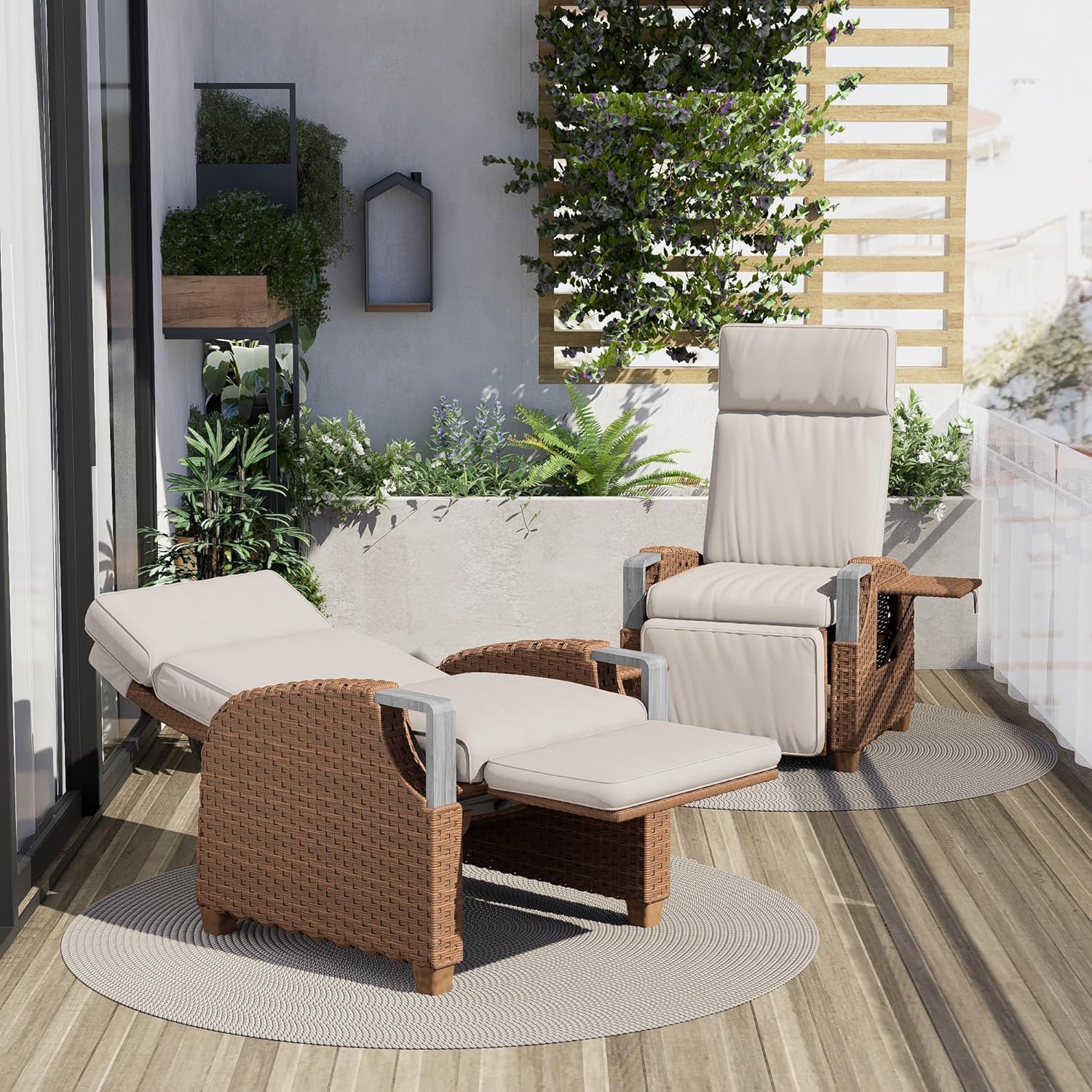 Grand patio Relaxliege Liegesessel mit Sitzkissen, Aluminiumgestell, Armlehnensessel Verstellbare Rückenlehne, Rattan Lehnstühle für Innen (Zwei-knopf-Anpassung -Beige Sitzkissen&Honigbraun Rattan)