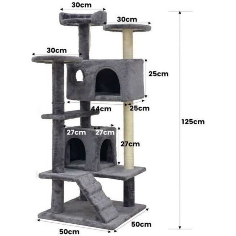 Suzi - arbre a chat gris 50 x 50 x 125 cm 5 plateformes – 2 niches – 1 escalier et poteaux a griffer
