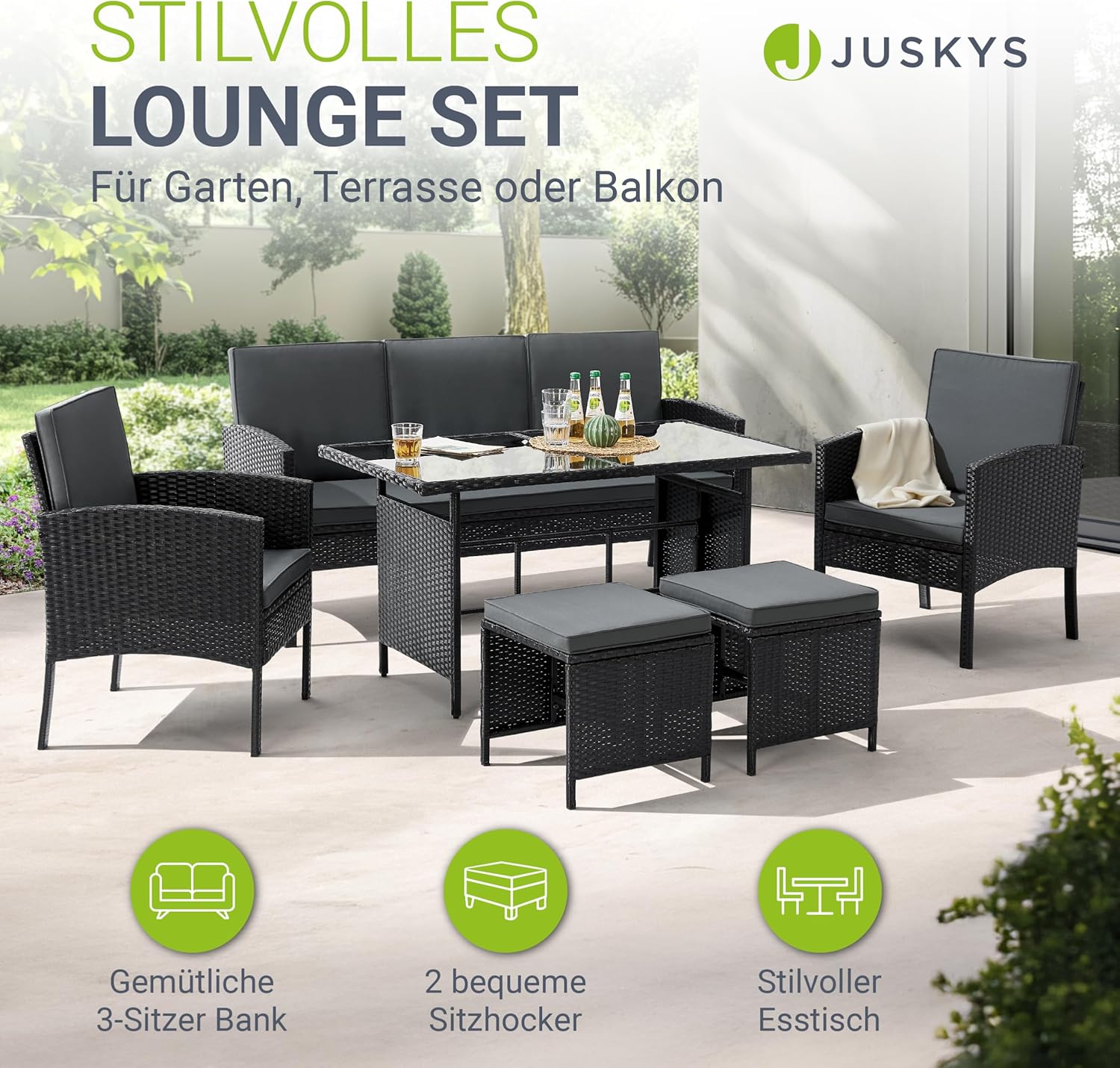 Juskys Polyrattan Gartenmöbel Sitzgruppe Turin Set 6 teilig - 7 Personen - Outdoor Möbel mit Sessel, Hocker, Tisch & Kissen - Loungemöbel Schwarz