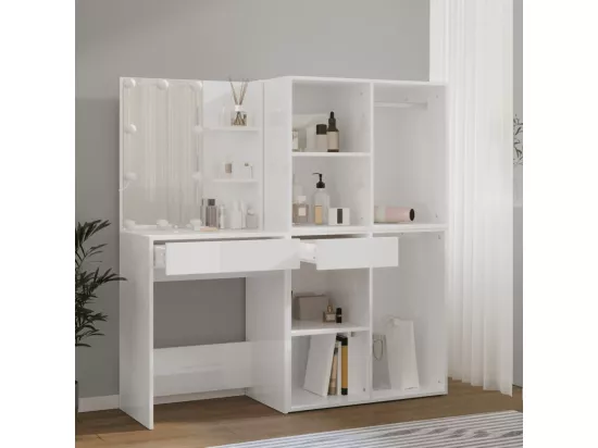 Coiffeuse à LED et 2 armoires Blanc brillant Bois d'ingénierie