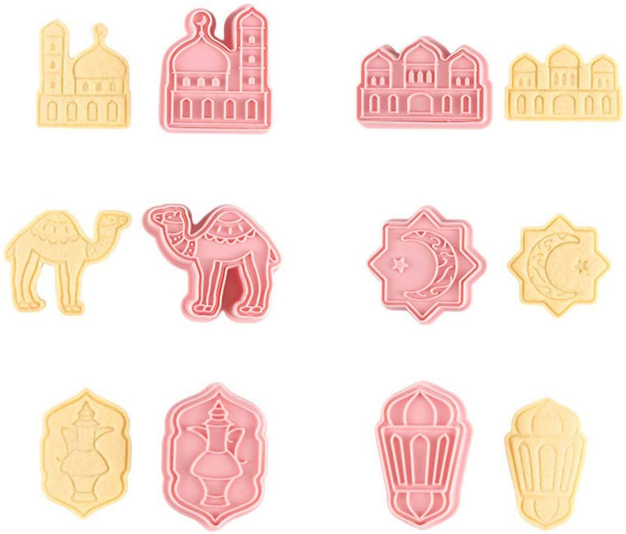 (6er Set) 2in1 Ramadan Ausstechform Bajram Back Zubehör Keksausstecher mit Stempel - Eid Mubarak