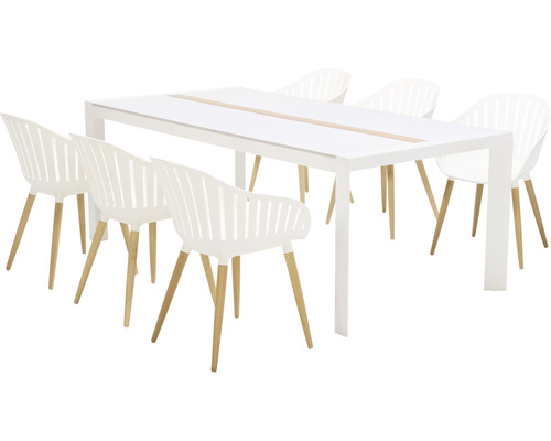 Garden Place Emmi 6-persoons eetkamerset bestaande uit: 6 stoelen, tafel (aluminium, WPC, hout, kunststof, wit)