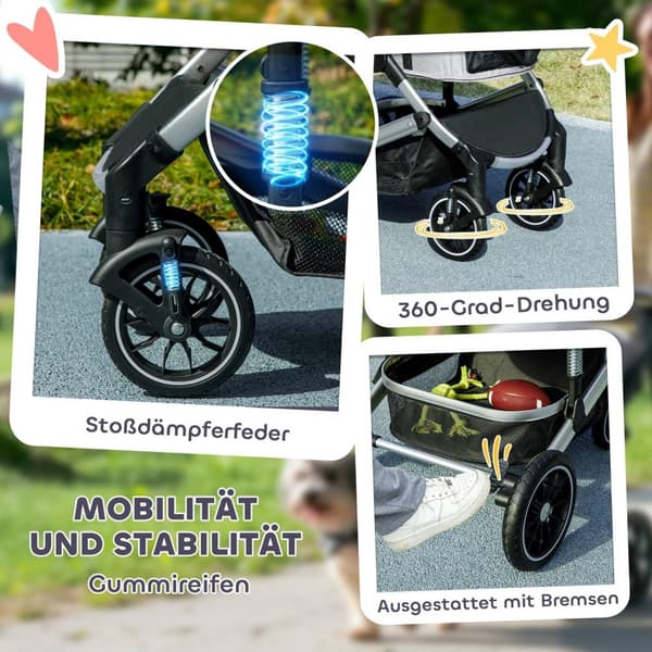 Hundevogn 3 i 1 hundevogn sammenleggbar for hunder og katter opp til 10 kg kattevogn med pute koppholder mesh vinduer dører oppbevaringskurv kattevogn